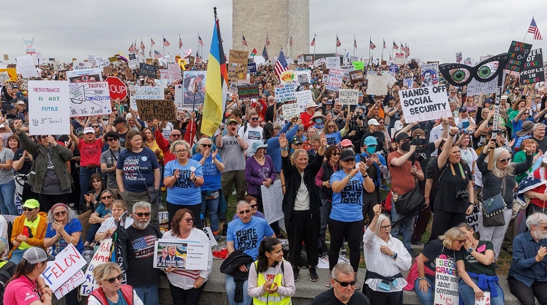 Demonstrators rallying against Donald Trump and Elon Musk at the National Mall in Washington, DC, US, on April 5 - THE EDGE SINGAPORE